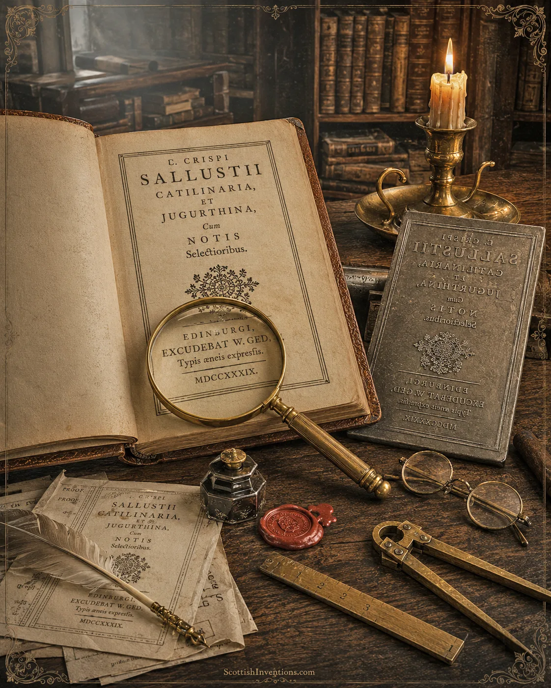 The 1739 Sallust printed from William Ged's stereotype plates beside the original cast printing plate