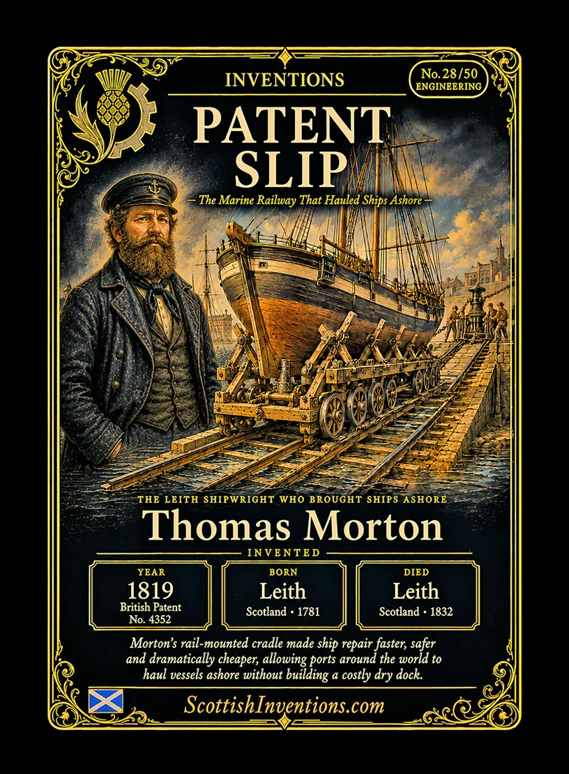 Patent Slip / Patent Slip Back — Scottish Inventions Collection Patent Slip collectible card — Thomas Morton, Leith-born Scottish shipwright, inventor of the rail-mounted marine railway cradle developed in 1818 and protected by British Patent No. 4352 in 1819, Scottish Inventions Collection No. 28 of 50.