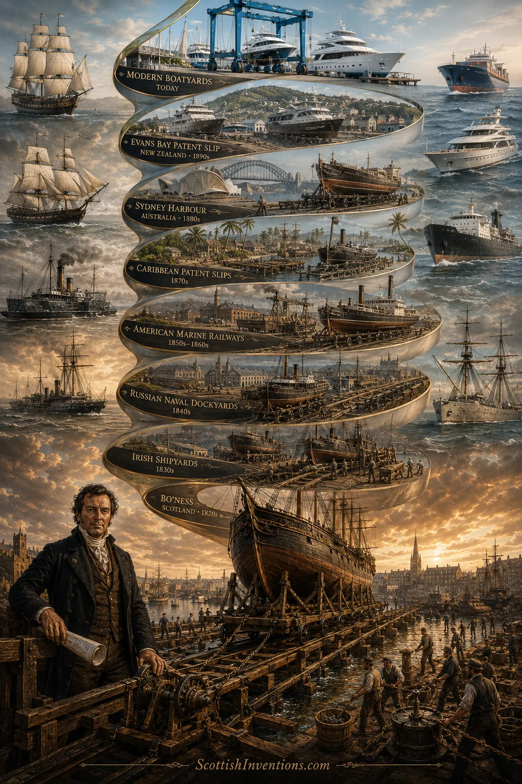The Global Legacy of the Patent Slip Timeline showing how Thomas Morton's Patent Slip spread from Scotland to shipyards around the world.