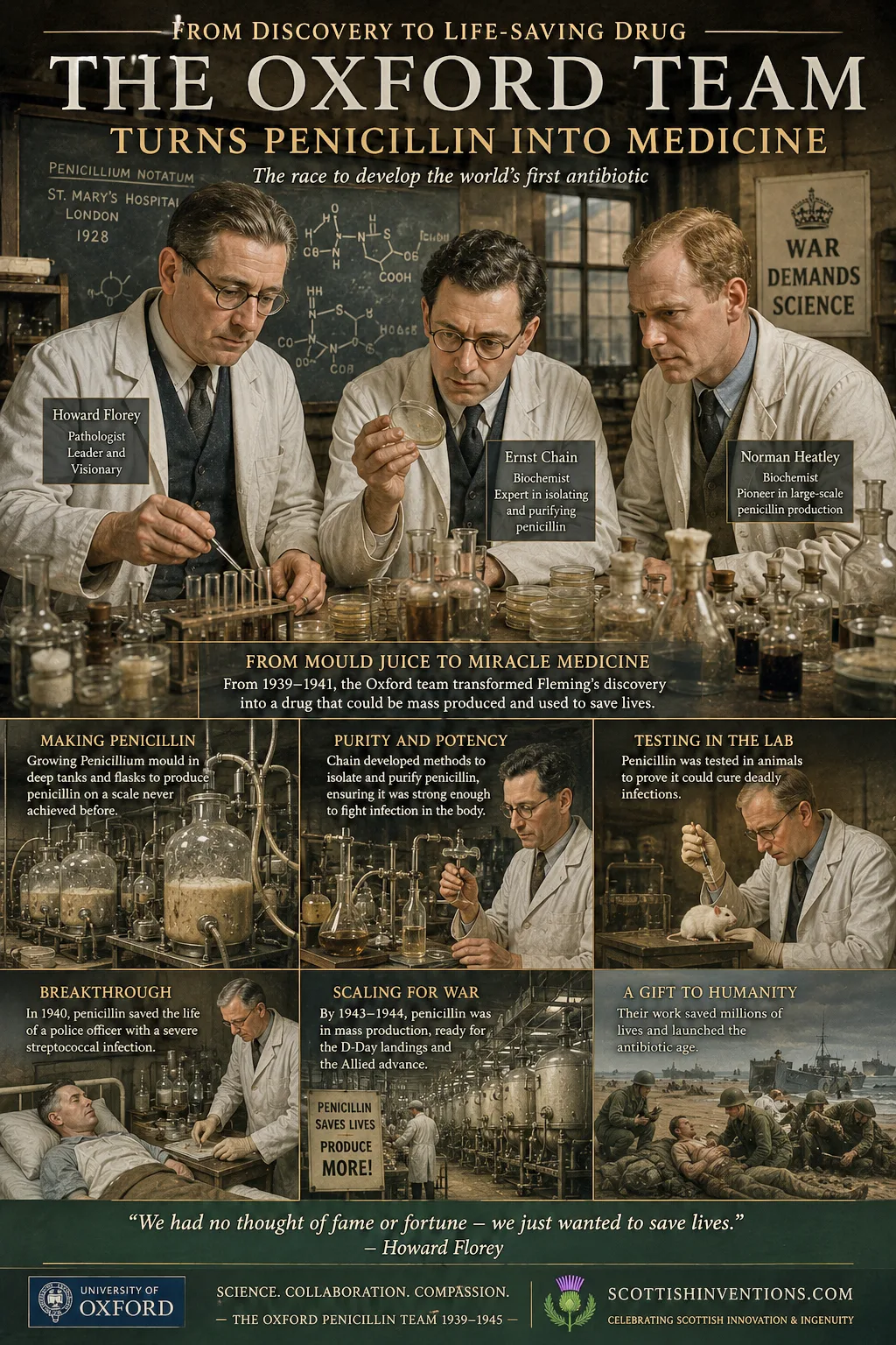 Howard Florey, Ernst Chain and Norman Heatley — the Oxford team that turned Fleming's penicillin into a life-saving drug between 1939 and 1945