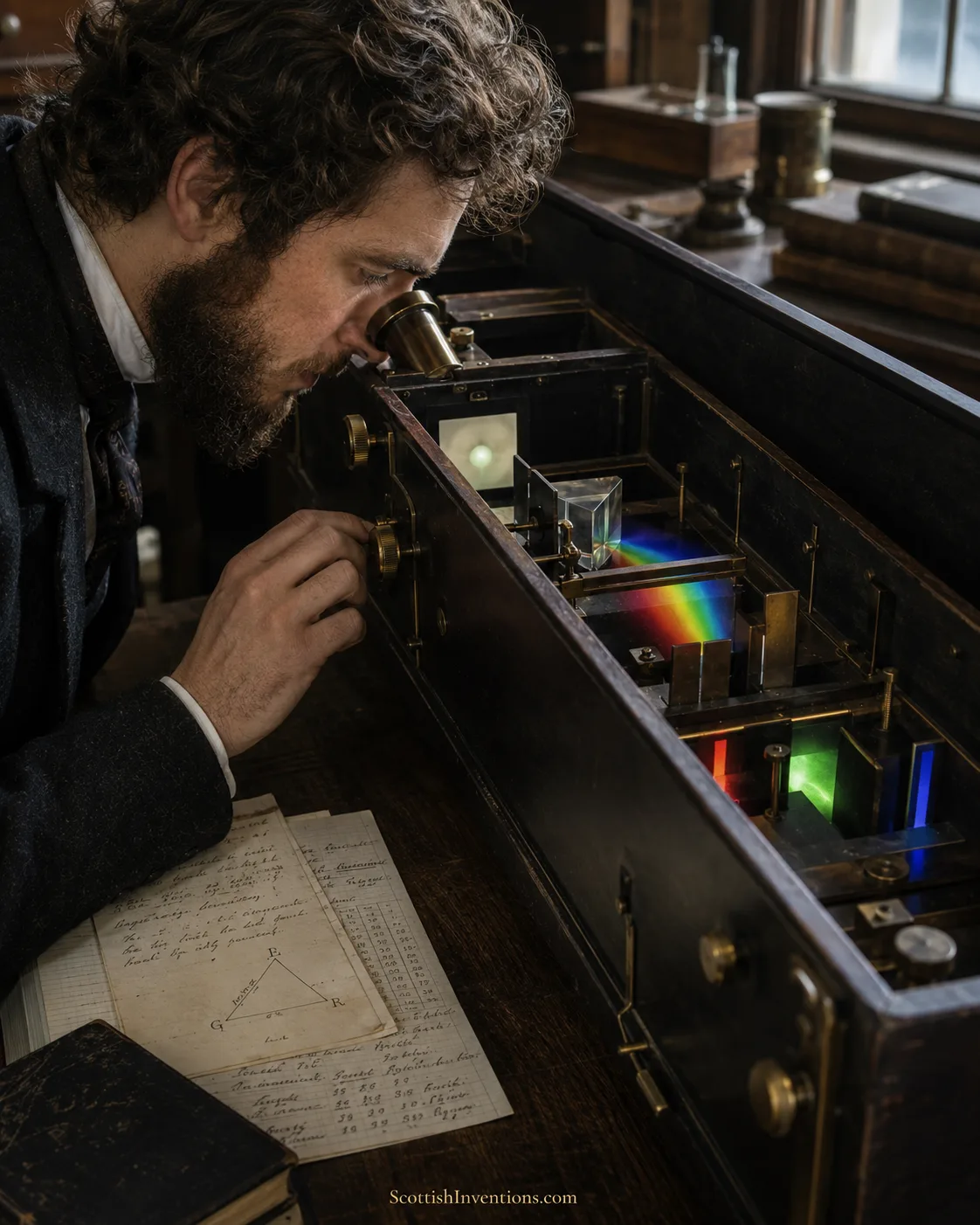 James Clerk Maxwell using a reconstructed colour box to compare mixtures of spectral red, green and blue light.