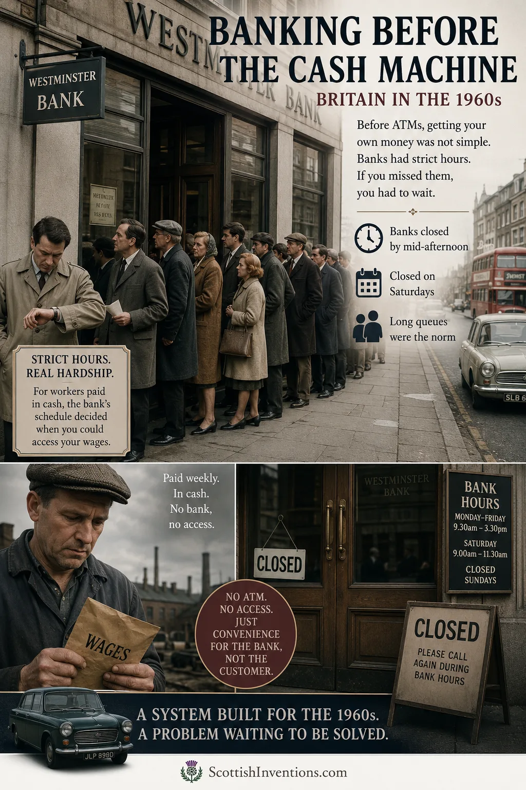 Customers waiting outside banks before the invention of ATMs