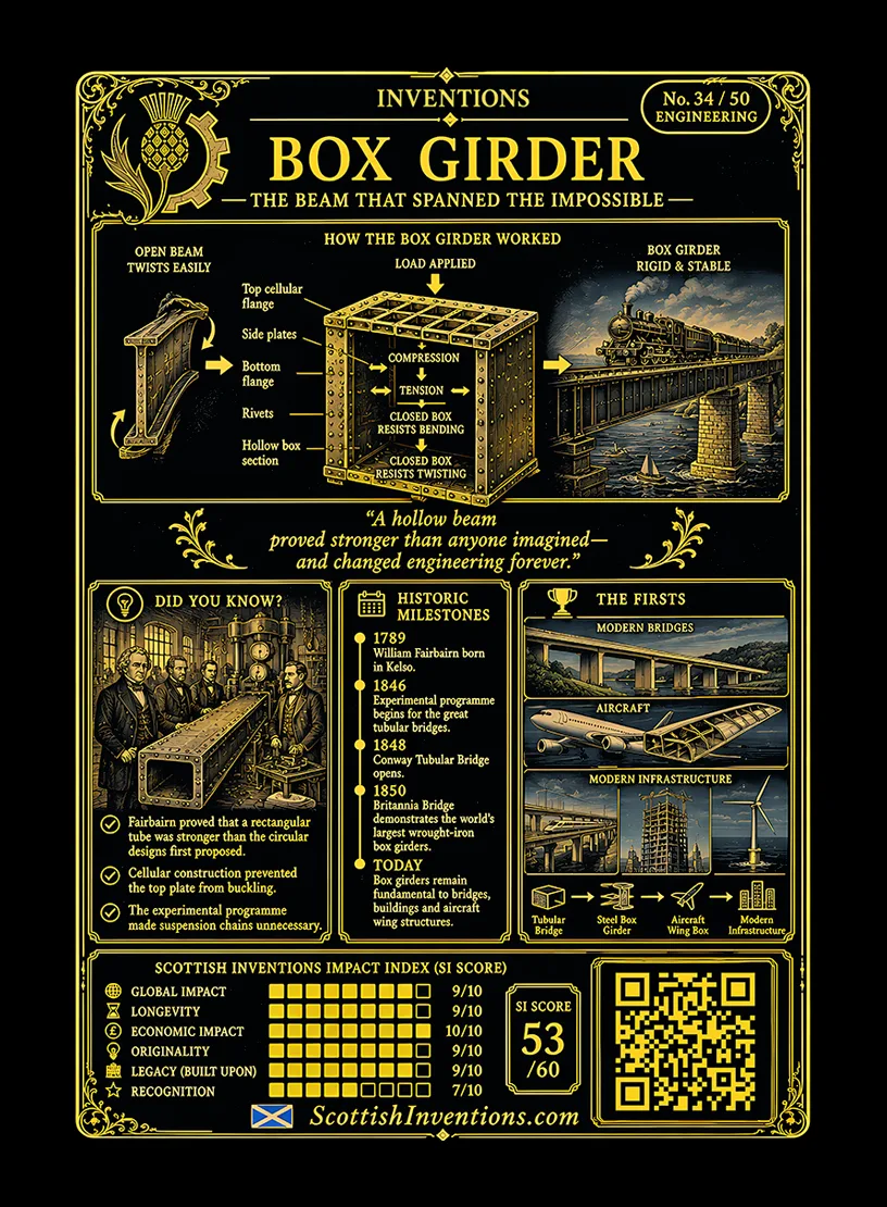 Box Girder / Box Girder Back back — Scottish Inventions Collection Box Girder card reverse — engineering diagram explaining how Sir William Fairbairn's rectangular box girder and cellular top flange revolutionised bridge construction, timeline from the Menai experiments to Britannia Bridge, plus historical context explaining the development of modern box girder engineering.