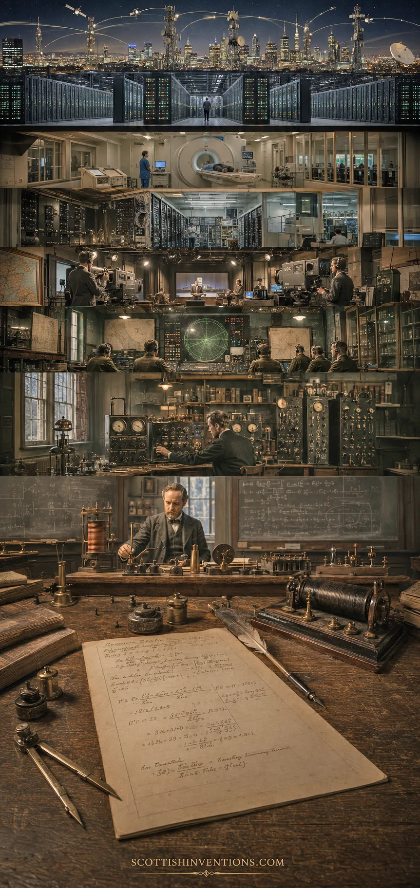 A vertical montage tracing Maxwell's legacy from his Victorian laboratory upward through 20th-century wireless telegraphy, WWII radar rooms, BBC television studios, mainframe computing halls, MRI hospitals, and finally a modern city skyline connected by satellites and data centres.
