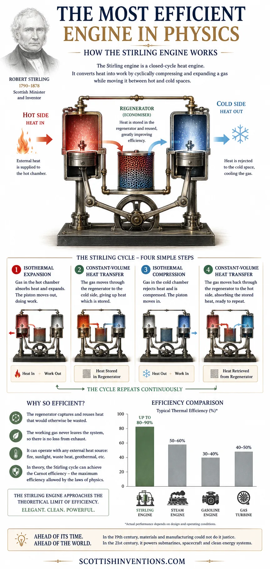 Detailed infographic explaining how the Stirling engine works, showing the four phases of the Stirling cycle and an efficiency comparison with steam, gasoline and gas turbines