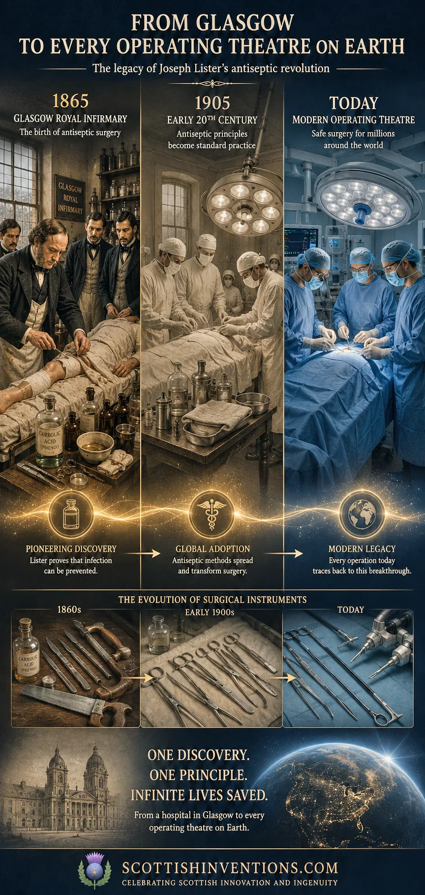 Evolution of surgery from Joseph Lister's antiseptic methods in Glasgow to modern operating theatres