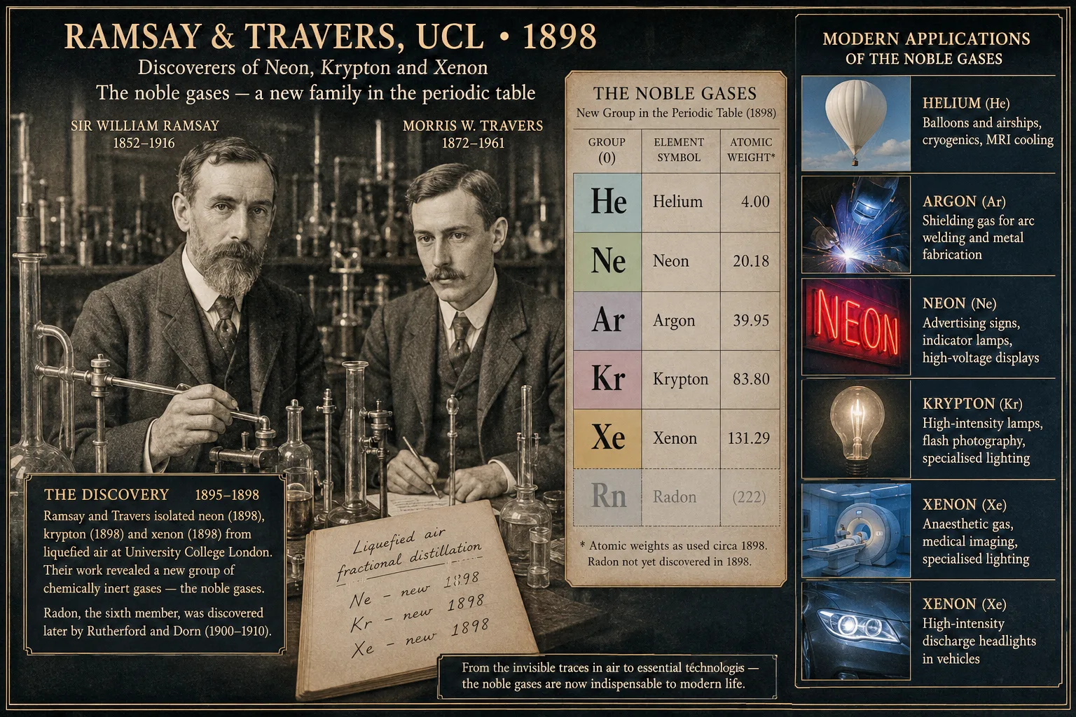 Sir William Ramsay and Morris Travers at University College London in 1898, with the periodic table's new noble gas group and modern applications including MRI imaging, welding, neon signage and vehicle headlights.