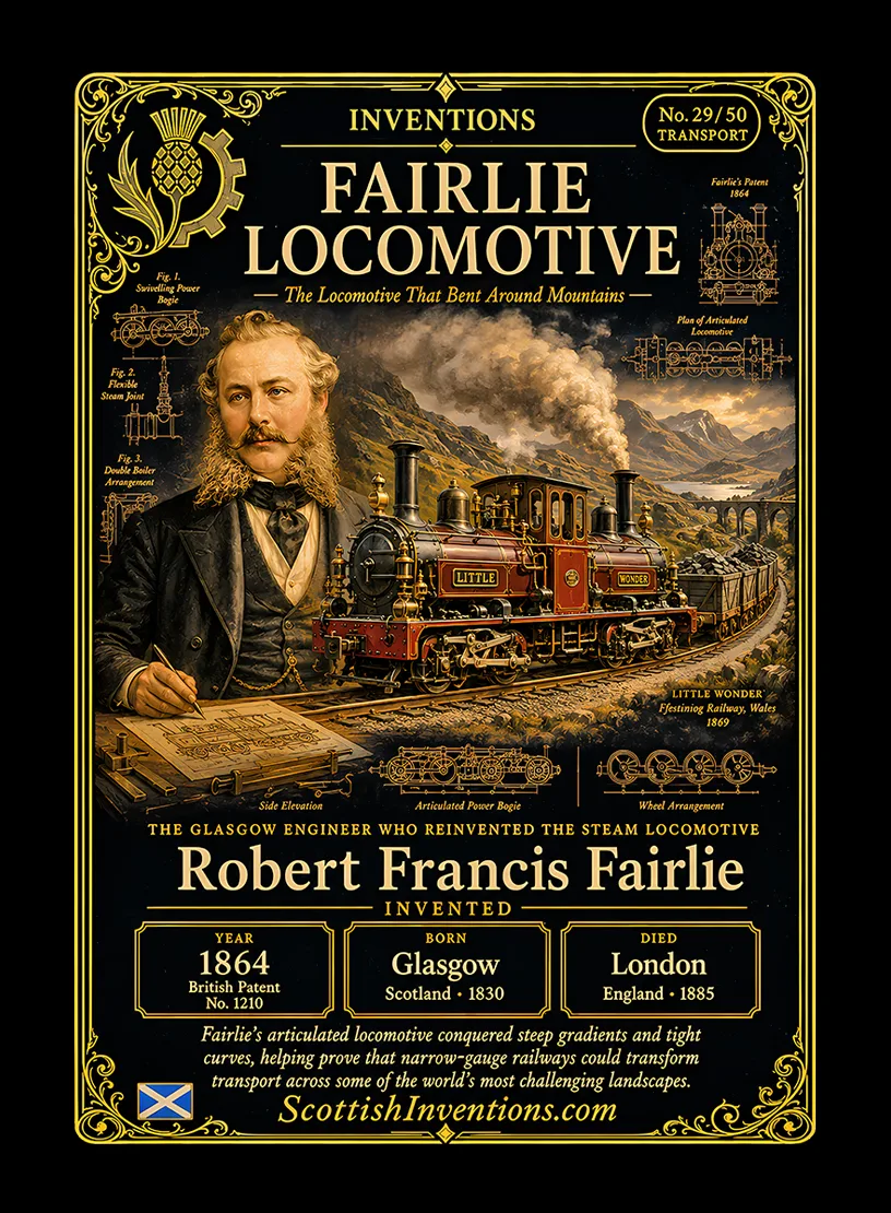 Fairlie Locomotive / Fairlie Locomotive Back — Scottish Inventions Collection Fairlie Locomotive collectible card — Robert Francis Fairlie, born Glasgow Scotland 1830, died London England 1885, inventor of the articulated double-ended Fairlie locomotive, British Patent No. 1210 of 1864, Scottish Inventions Collection No. 29 of 50.