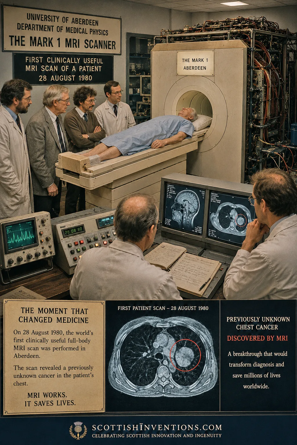 First clinically useful MRI scan of a patient performed at the University of Aberdeen on 28 August 1980