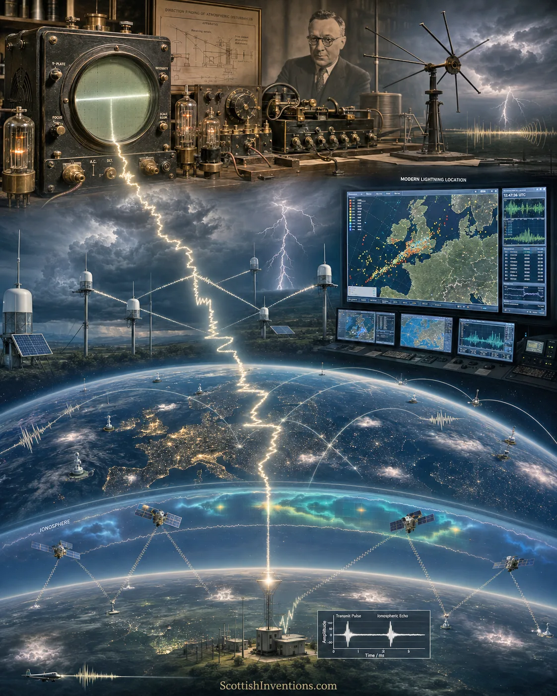 A legacy chain from Watson-Watt's original cathode-ray direction finding apparatus through modern lightning-location networks and continuous ionospheric monitoring by satellite.