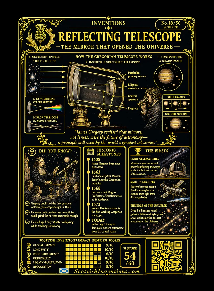 The Reflecting Telescope / The Reflecting Telescope Back back — Scottish Inventions Collection The Reflecting Telescope card reverse — simple diagram explaining why mirrors replaced lenses by eliminating chromatic aberration, timeline from Gregory's 1663 design to the modern Gregorian telescope and today's great observatories