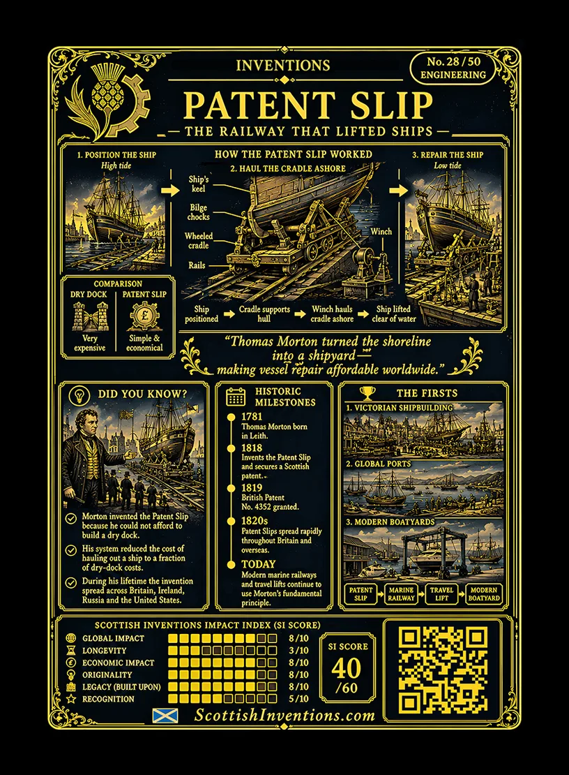 Patent Slip / Patent Slip Back back — Scottish Inventions Collection Patent Slip card reverse — engineering diagram showing a ship floating over a submerged wheeled cradle, adjustable bilge chocks supporting the hull and chains hauling the vessel up inclined rails for repair, with Thomas Morton timeline and historical context.