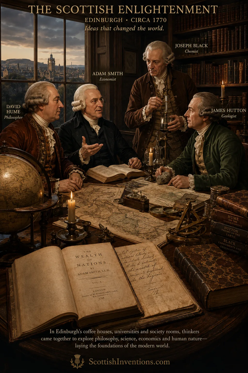 Scottish Enlightenment thinkers Adam Smith David Hume Joseph Black and James Hutton in Edinburgh circa 1770