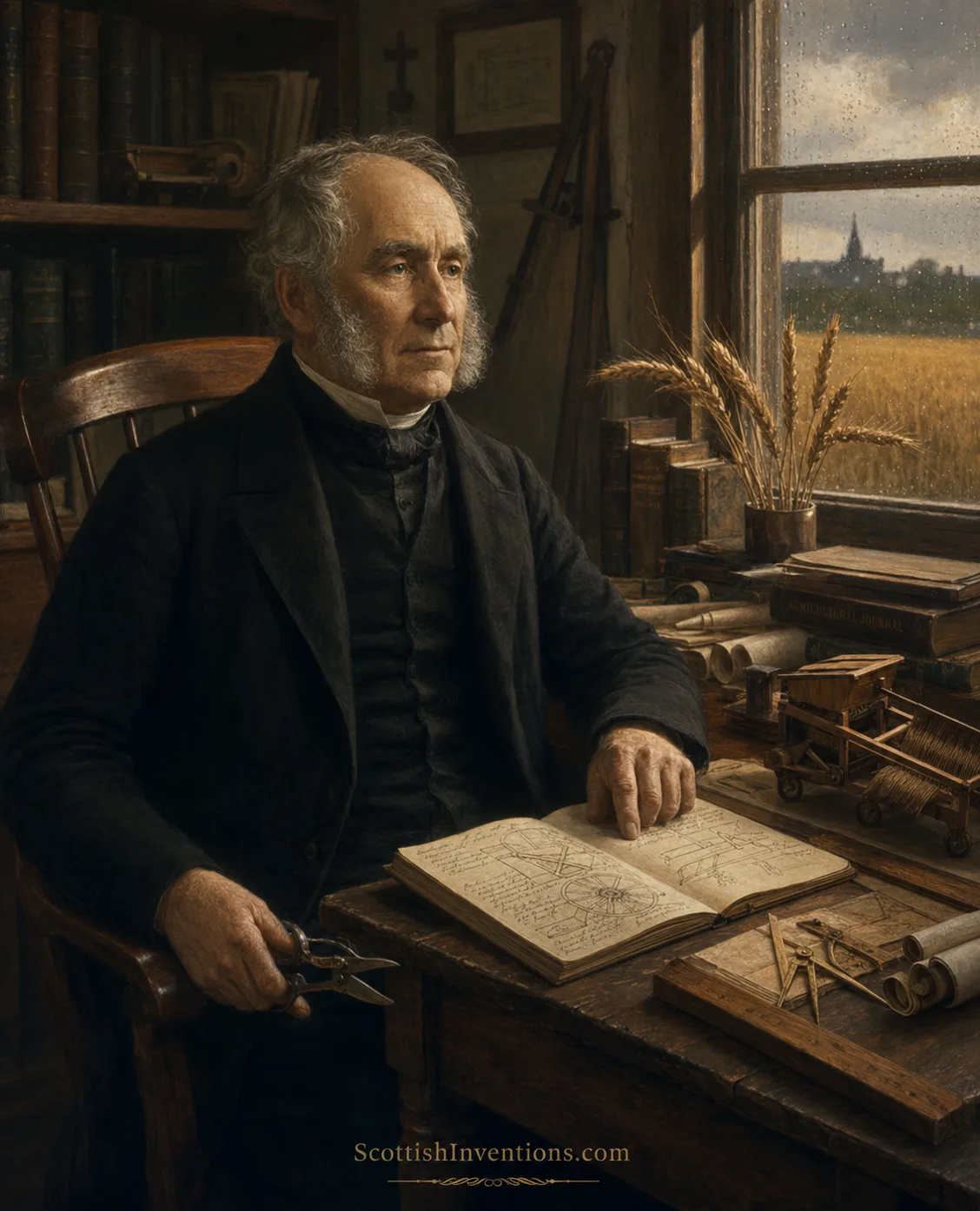 Rev. Patrick Bell — Inventor of the Mechanical Reaping Machine Portrait of Reverend Patrick Bell designing the world's first practical mechanical reaper in Scotland.