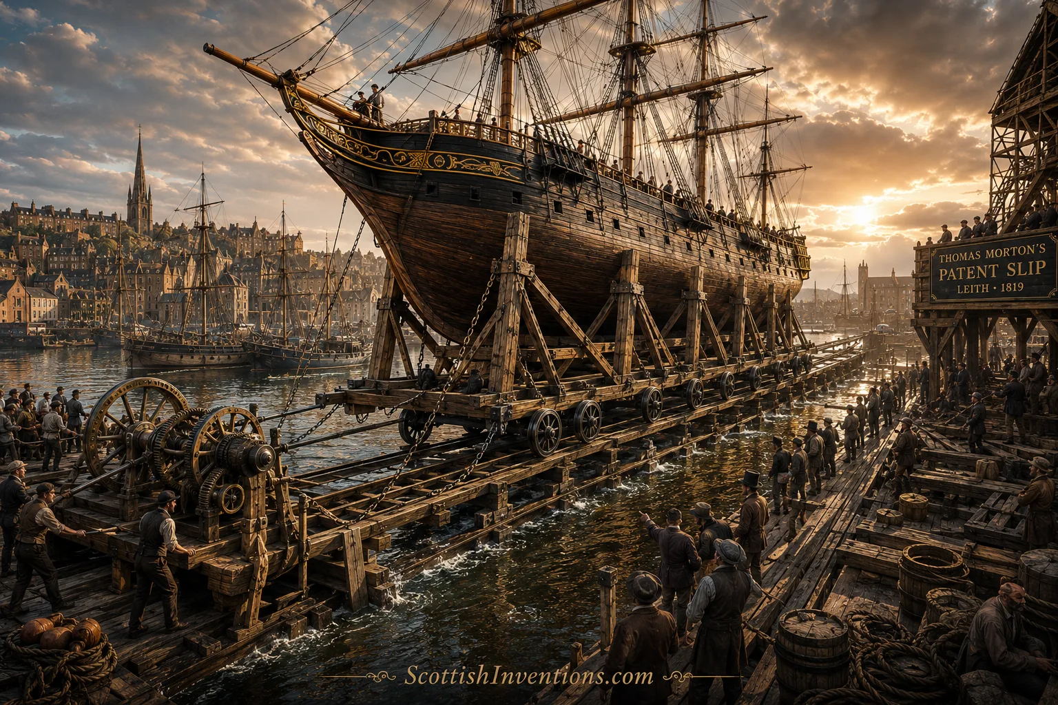 The World's First Patent Slip Thomas Morton's Patent Slip hauling a large merchant sailing ship safely out of the water at Leith Harbour.