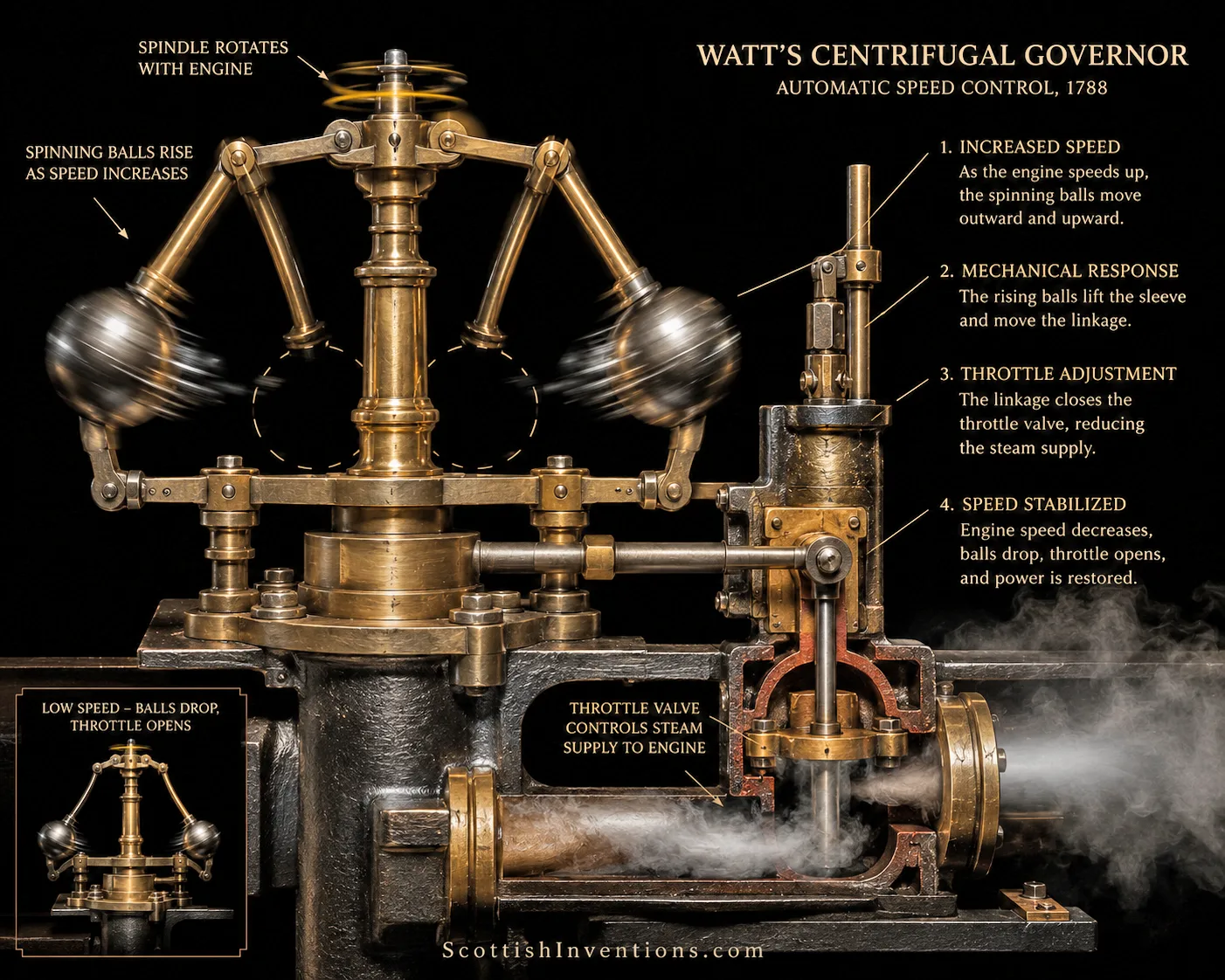 Engineering diagram explaining how James Watt's centrifugal governor automatically regulates steam engine speed