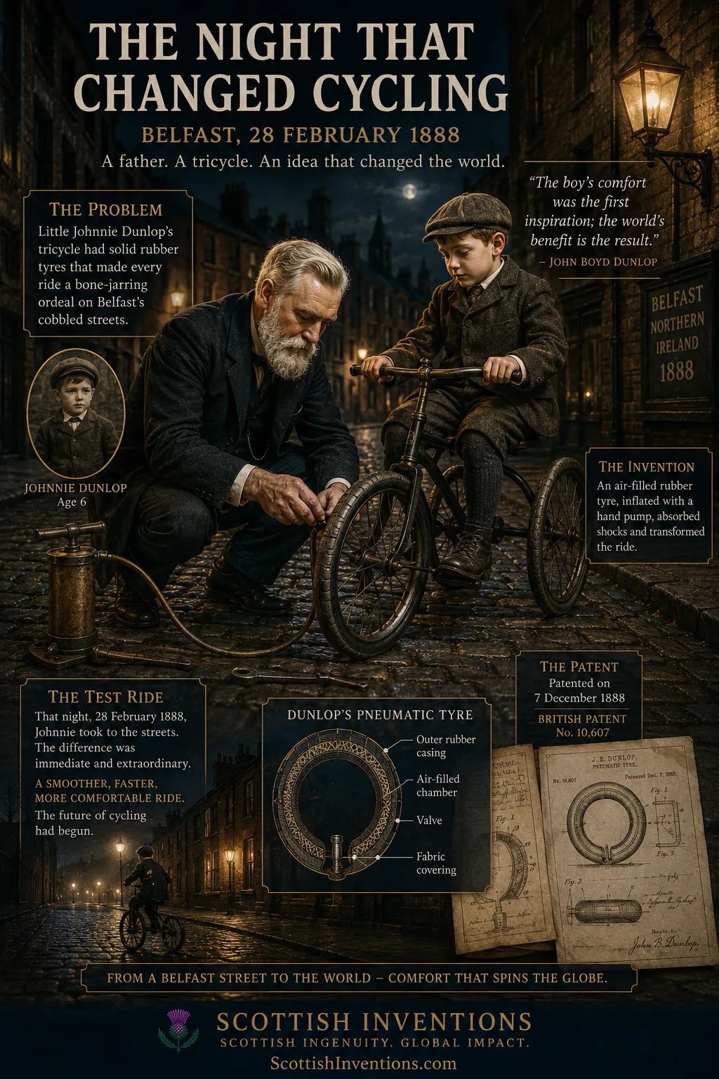 John Boyd Dunlop testing the pneumatic tyre on his son's tricycle in Belfast in 1888
