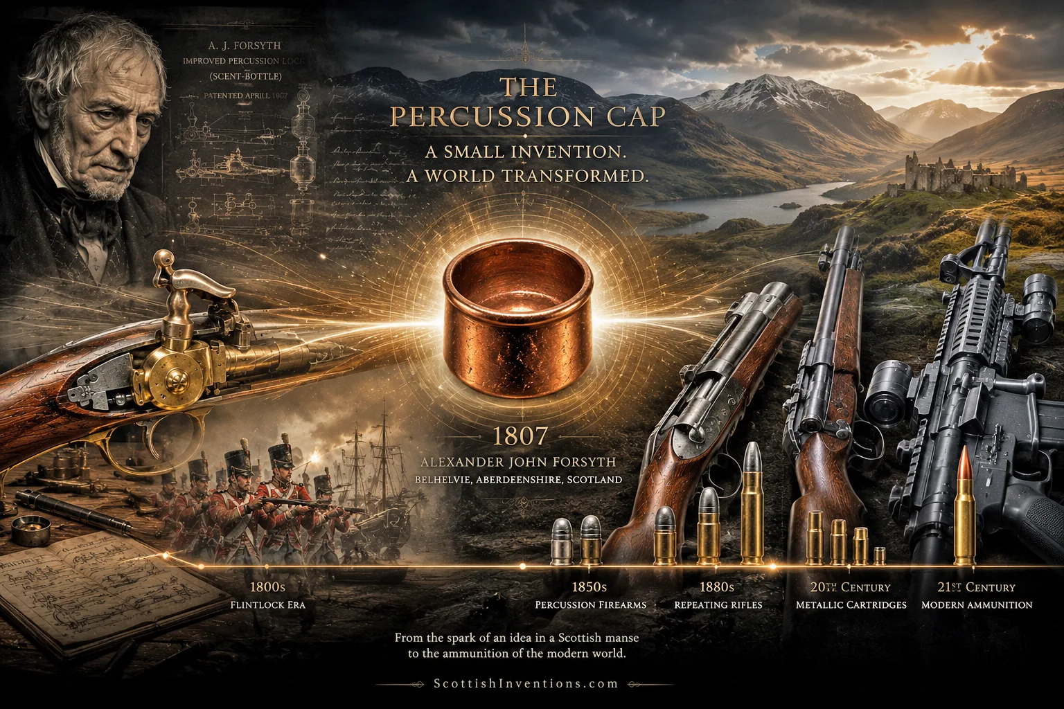 Timeline showing the evolution of firearms from flintlocks to modern ammunition after Forsyth's percussion ignition