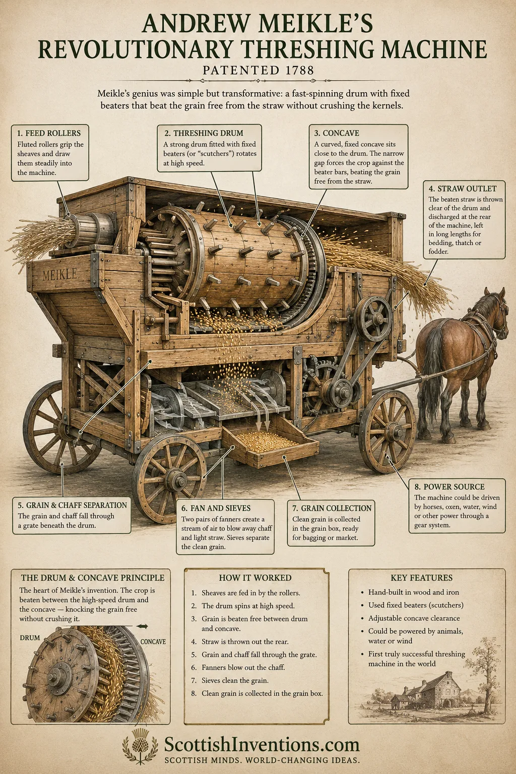 Annotated diagram of Andrew Meikle's 1788 patented threshing machine — feed rollers, fast-spinning drum with fixed beaters, curved concave, straw outlet, grain-and-chaff separation, fanners, sieves, grain box and horse power source
