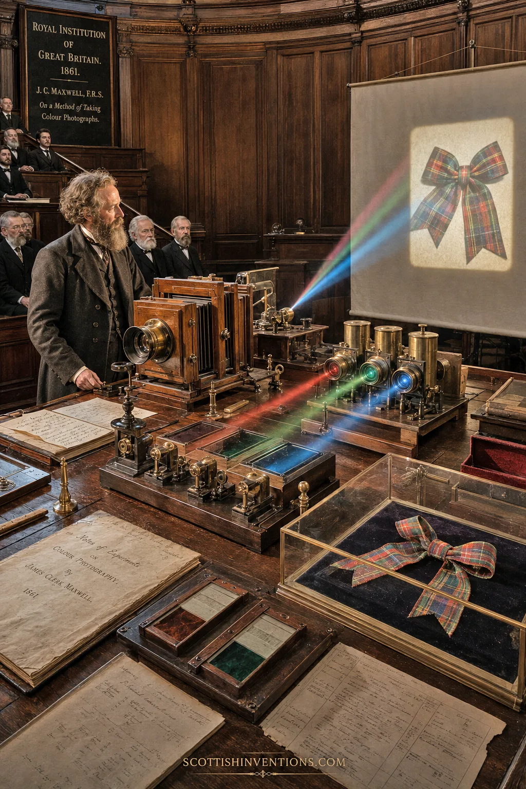 Maxwell at the Royal Institution in 1861 projecting three lantern images through red, green and blue filters onto a screen to recombine them into a full-colour tartan-ribbon photograph — the first colour photograph in history.