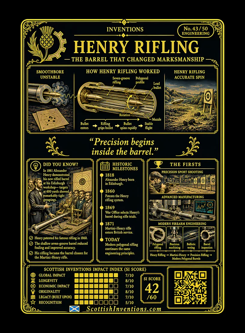 Henry Rifling / Henry Rifling Back back — Scottish Inventions Collection Henry Rifling card reverse — comparison diagram showing conventional rifling versus Henry polygonal rifling, timeline from the 1860 patent through adoption in the Martini-Henry rifle and the Battle of Rorke's Drift, plus engineering explanation and historical context