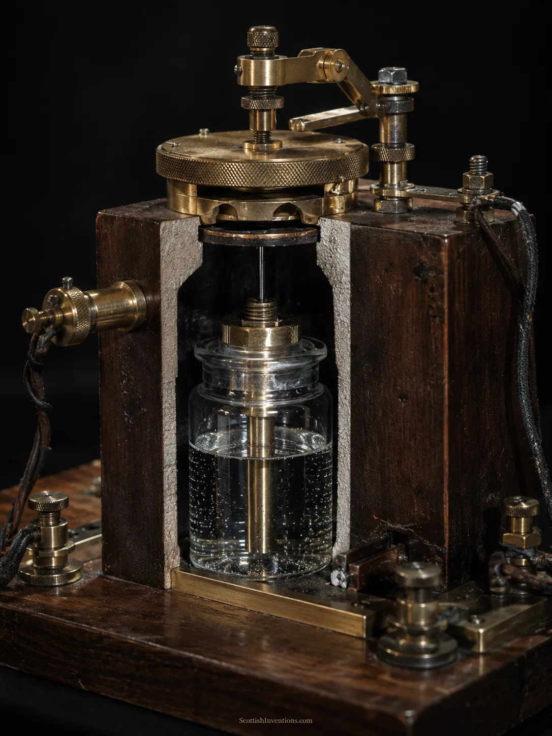 Cutaway of Bell's liquid transmitter showing the diaphragm, needle and acidulated water