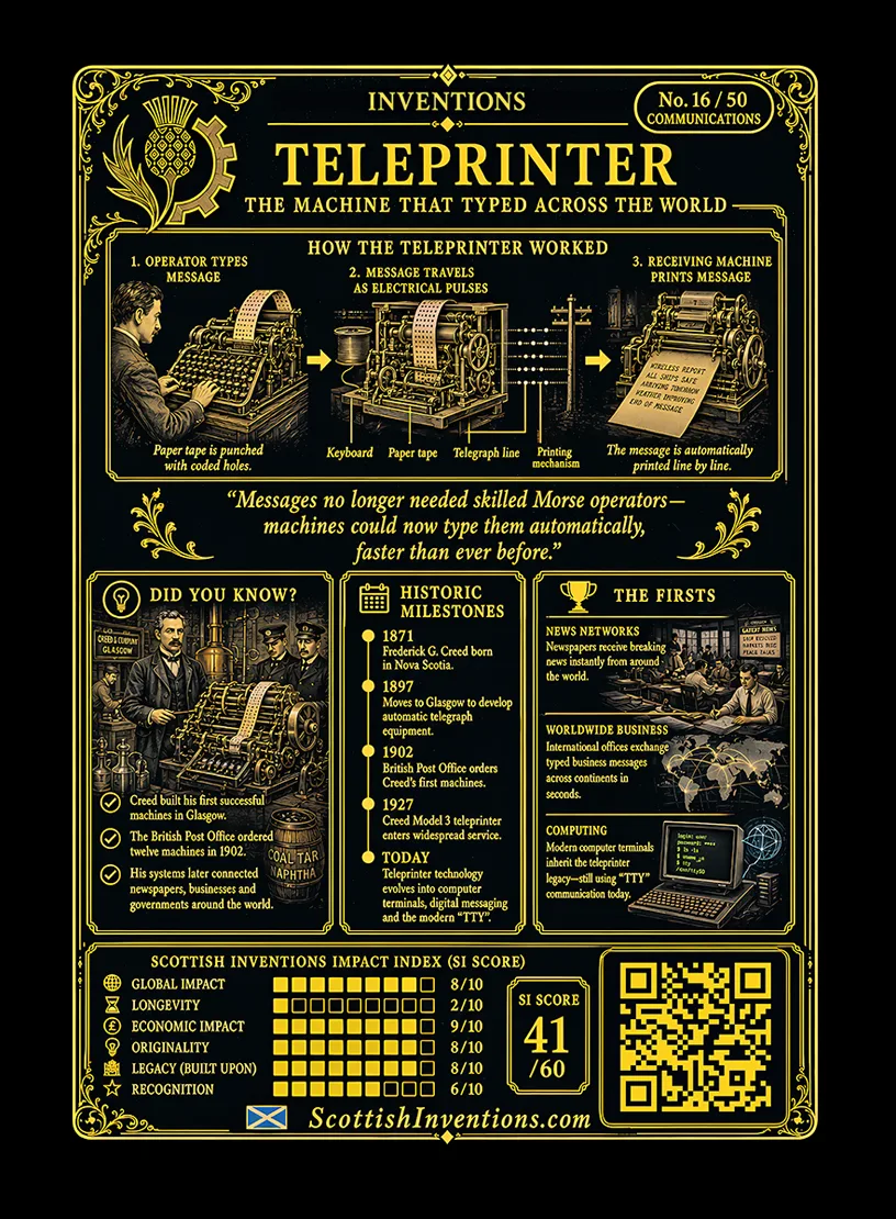 The Teleprinter / The Teleprinter Back back — Scottish Inventions Collection The Teleprinter card reverse — flow diagram showing keyboard punching coded tape, five-bit Baudot code sent over wire, receiving machine printing the message automatically, Frederick Creed timeline from 1871 to Second World War Bletchley Park deployment, honest context panel noting Baudot Murray and Krum as co-contributors