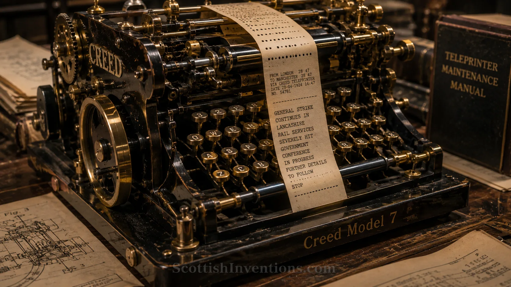 Close-up of a Creed Model 7 teleprinter printing messages automatically from punched paper tape.