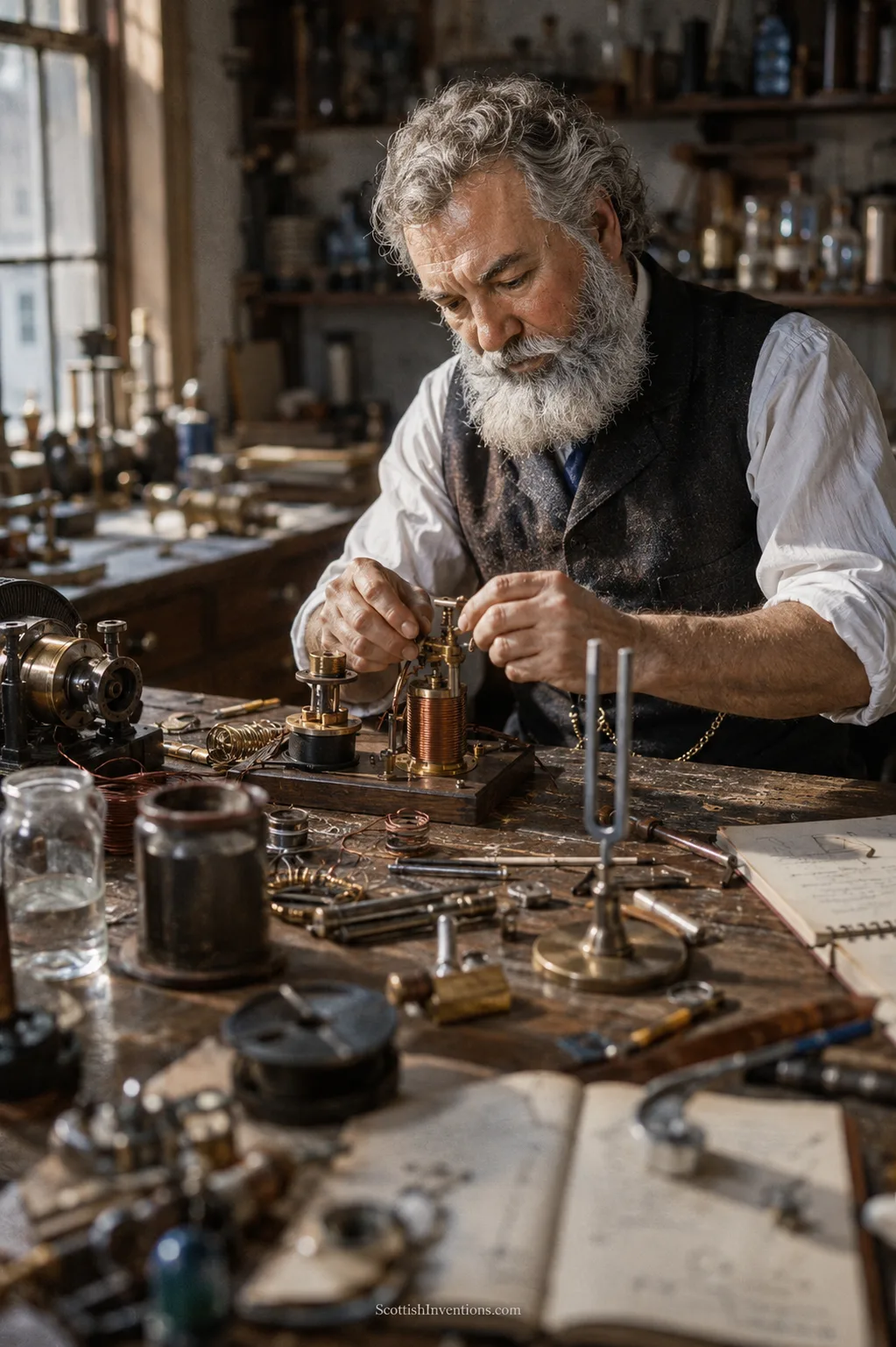 Alexander Graham Bell working on an electrical coil at his Boston laboratory bench