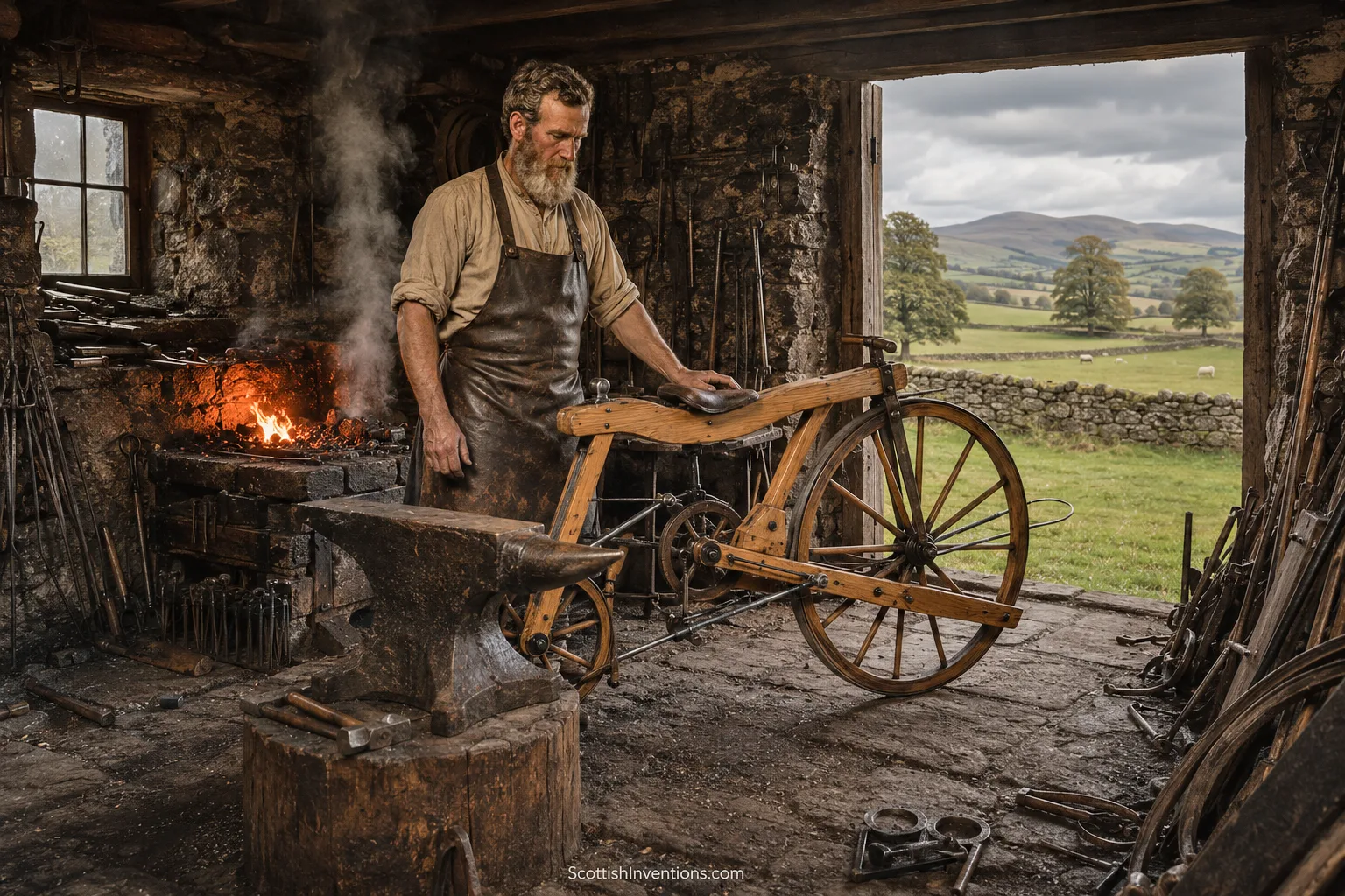 Kirkpatrick Macmillan working inside Courthill Smithy blacksmith forge in Dumfriesshire