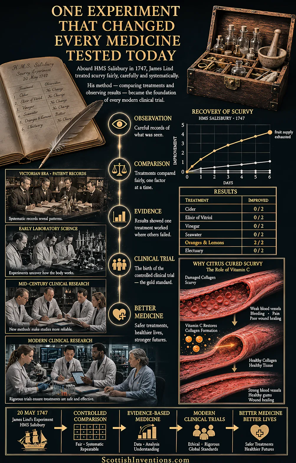 Infographic showing Lind's 1747 scurvy experiment results table, with oranges and lemons the only treatment producing improvement, and a diagram of vitamin C's role in collagen formation