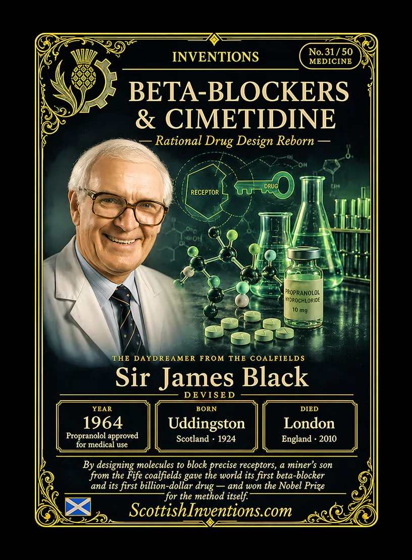 Beta-Blockers & Cimetidine — Scottish Inventions Collection Beta-Blockers and Cimetidine collectible card — Sir James Black, born Uddingston Scotland 1924, died London England 2010, devised propranolol the first beta-blocker approved in 1964 and cimetidine (Tagamet) the first billion-dollar drug, won the 1988 Nobel Prize in Physiology or Medicine, Scottish Inventions Collection No. 31 of 50