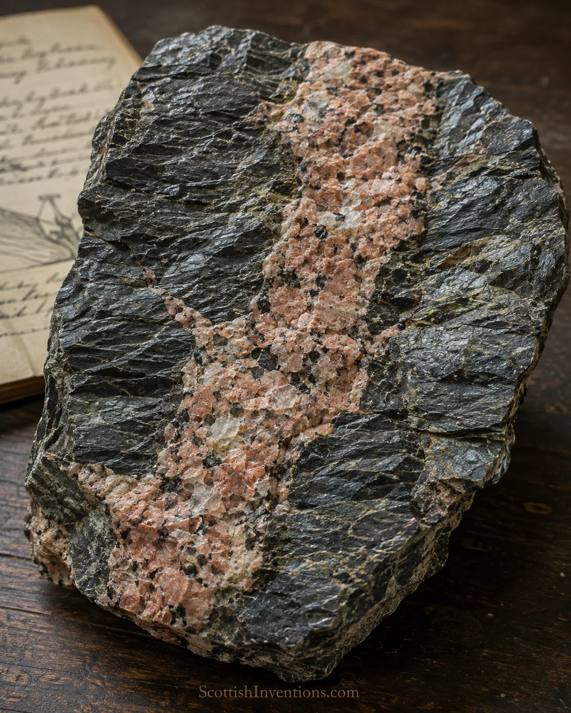 Close-up reconstruction of a pink granite vein intruding through dark schist, illustrating Hutton's evidence at Glen Tilt.