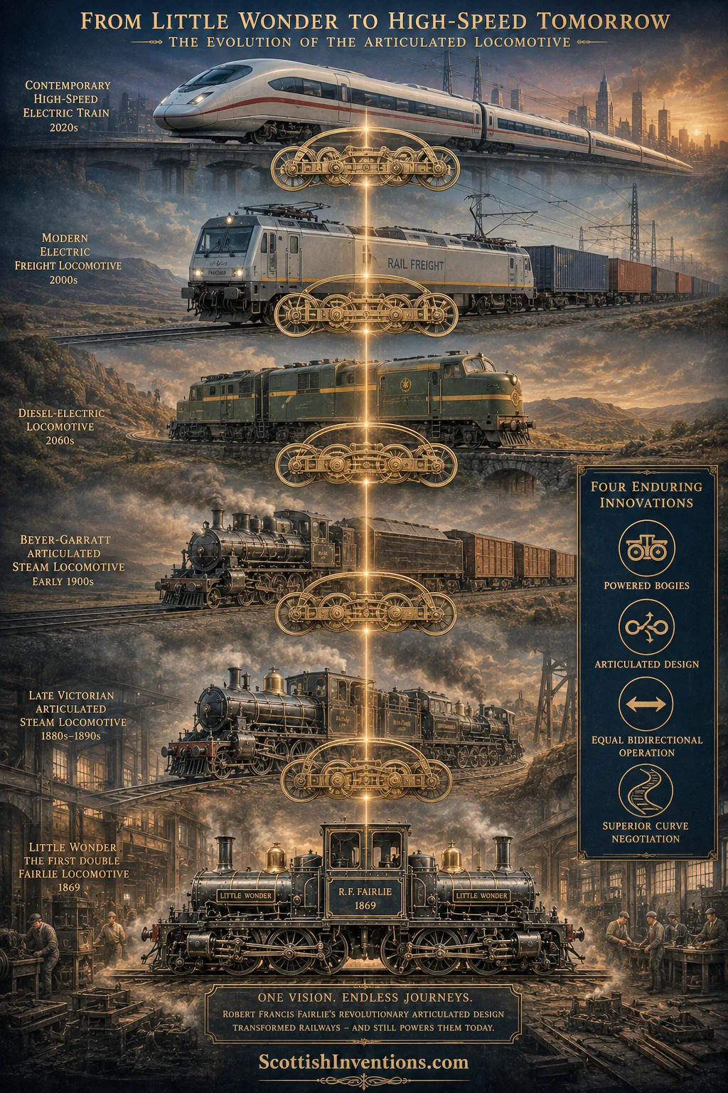 From Little Wonder to High-Speed Tomorrow Evolution from Robert Fairlie's articulated locomotive to modern diesel, electric and high-speed trains.
