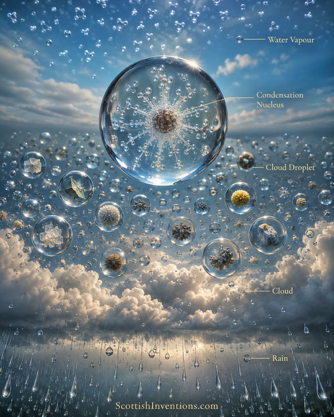 Diagram showing water vapour condensing onto a dust particle to form a cloud droplet, and cloud droplets falling as rain.