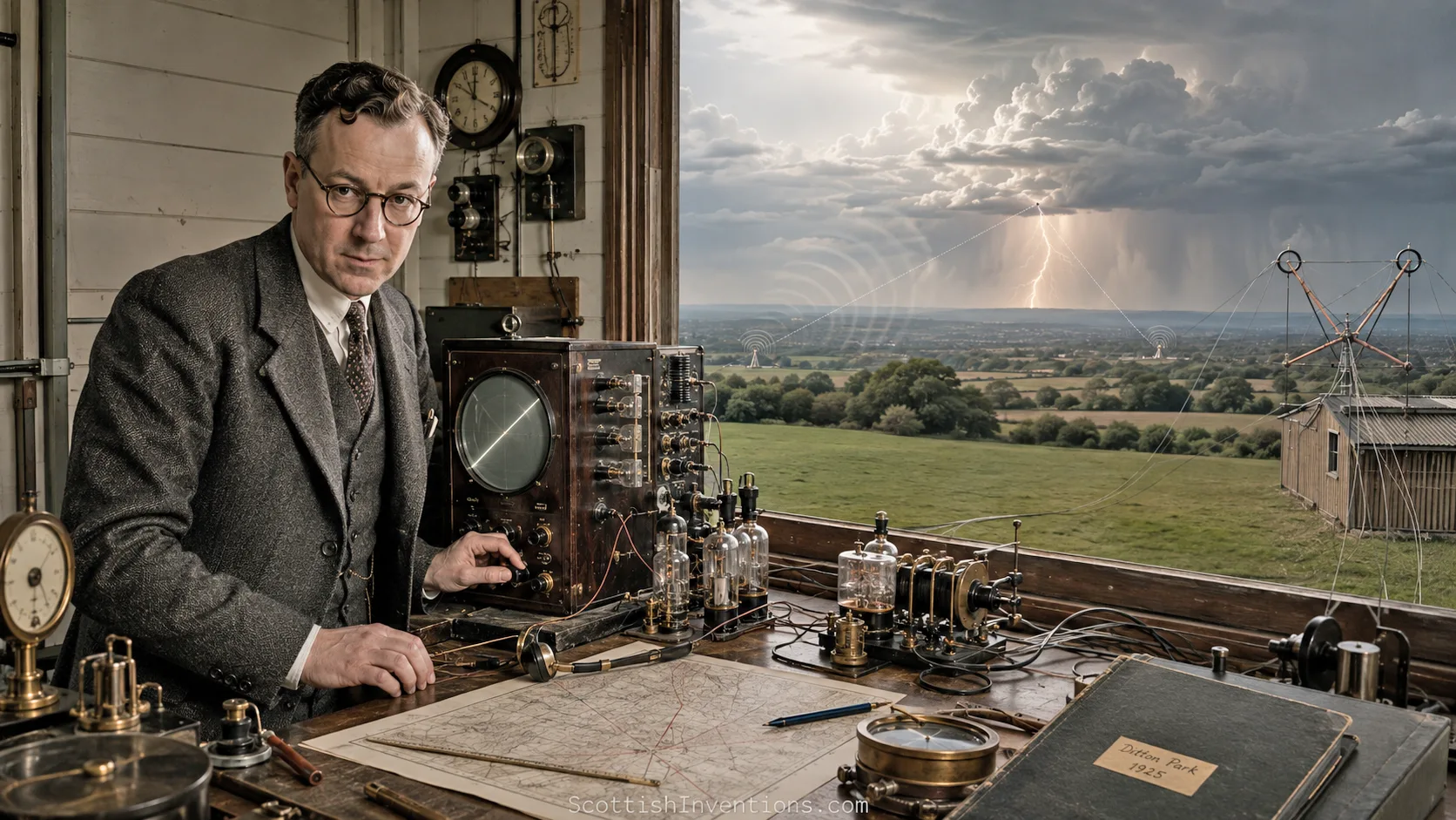 Historical reconstruction of Robert Watson-Watt at Ditton Park in 1925, using direction-finding apparatus to locate a distant thunderstorm.