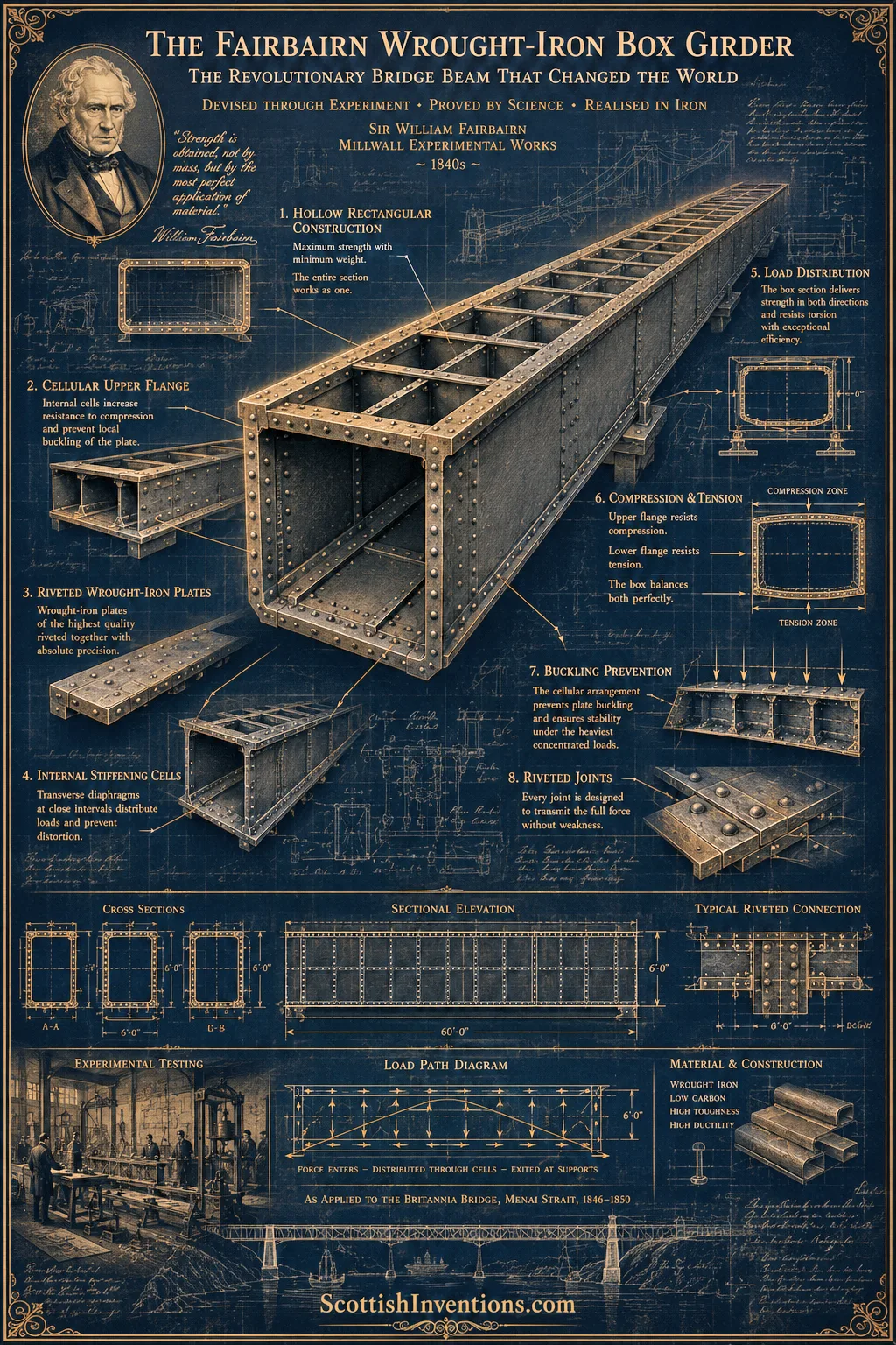 The Fairbairn wrought-iron box girder — engineering diagram Engineering diagram showing the cellular wrought-iron box girder developed by Sir William Fairbairn.