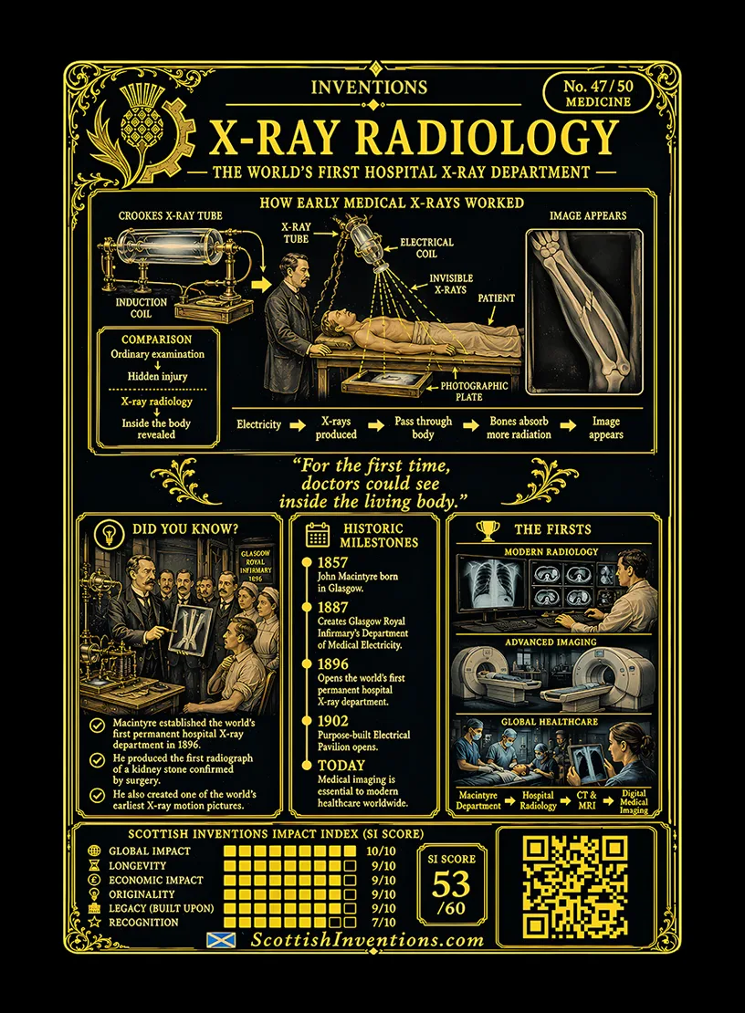 X-Ray Radiology / X-Ray Radiology Back back — Scottish Inventions Collection X-Ray Radiology card reverse — illustrated explanation of how early medical X-rays worked using a Crookes tube and photographic glass plate, timeline of Dr John Macintyre's pioneering radiology department, plus historical context explaining how he transformed X-rays into routine hospital medicine.