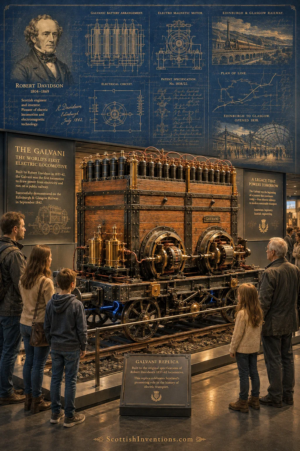 Galvani Replica — Grampian Transport Museum, Alford Museum exhibition displaying a full-scale replica of Robert Davidson's Galvani electric locomotive celebrating Scotland's pioneering role in electric transport.