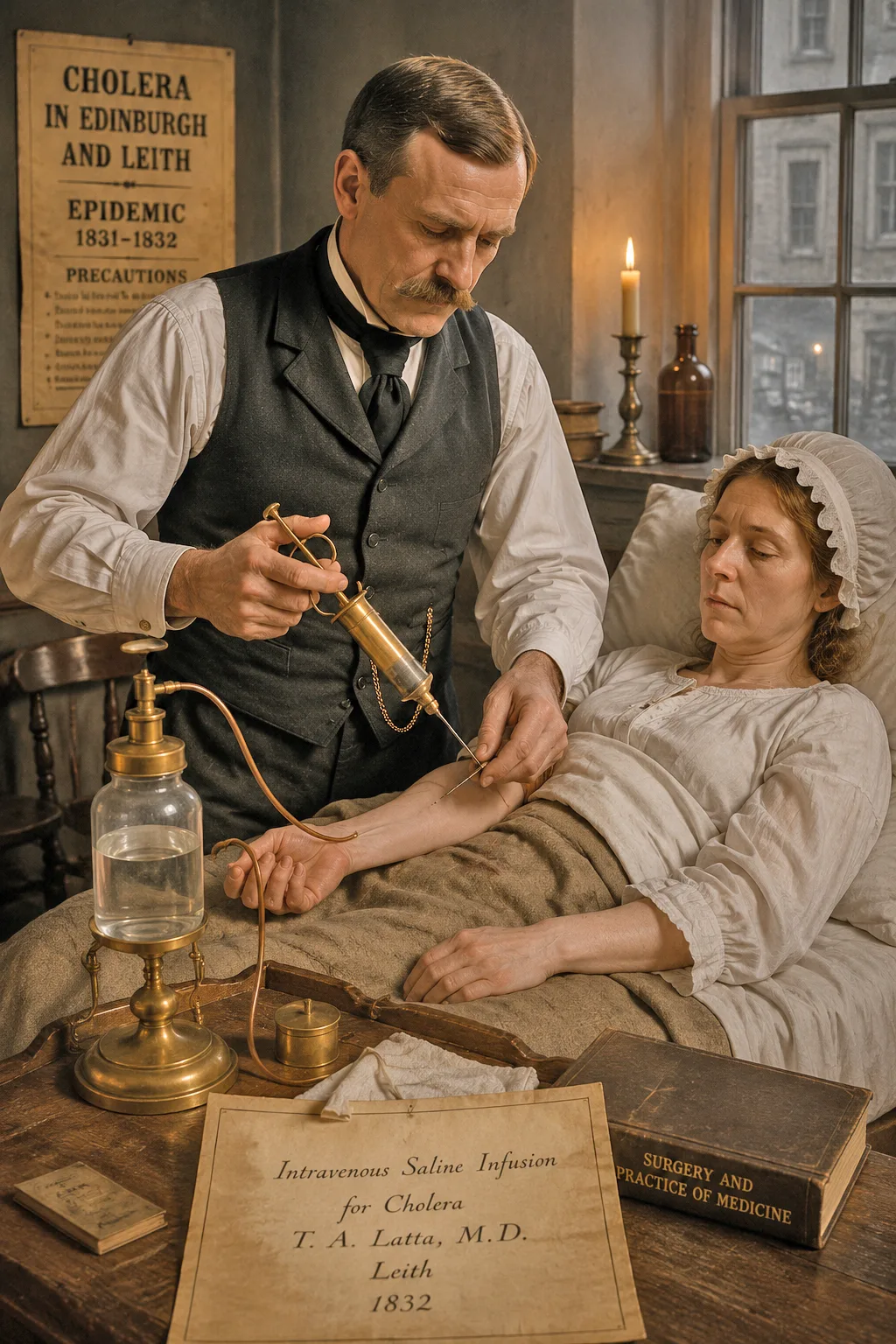 Dr Thomas Latta performing the world's first intravenous saline infusion on a cholera patient in Leith 1832