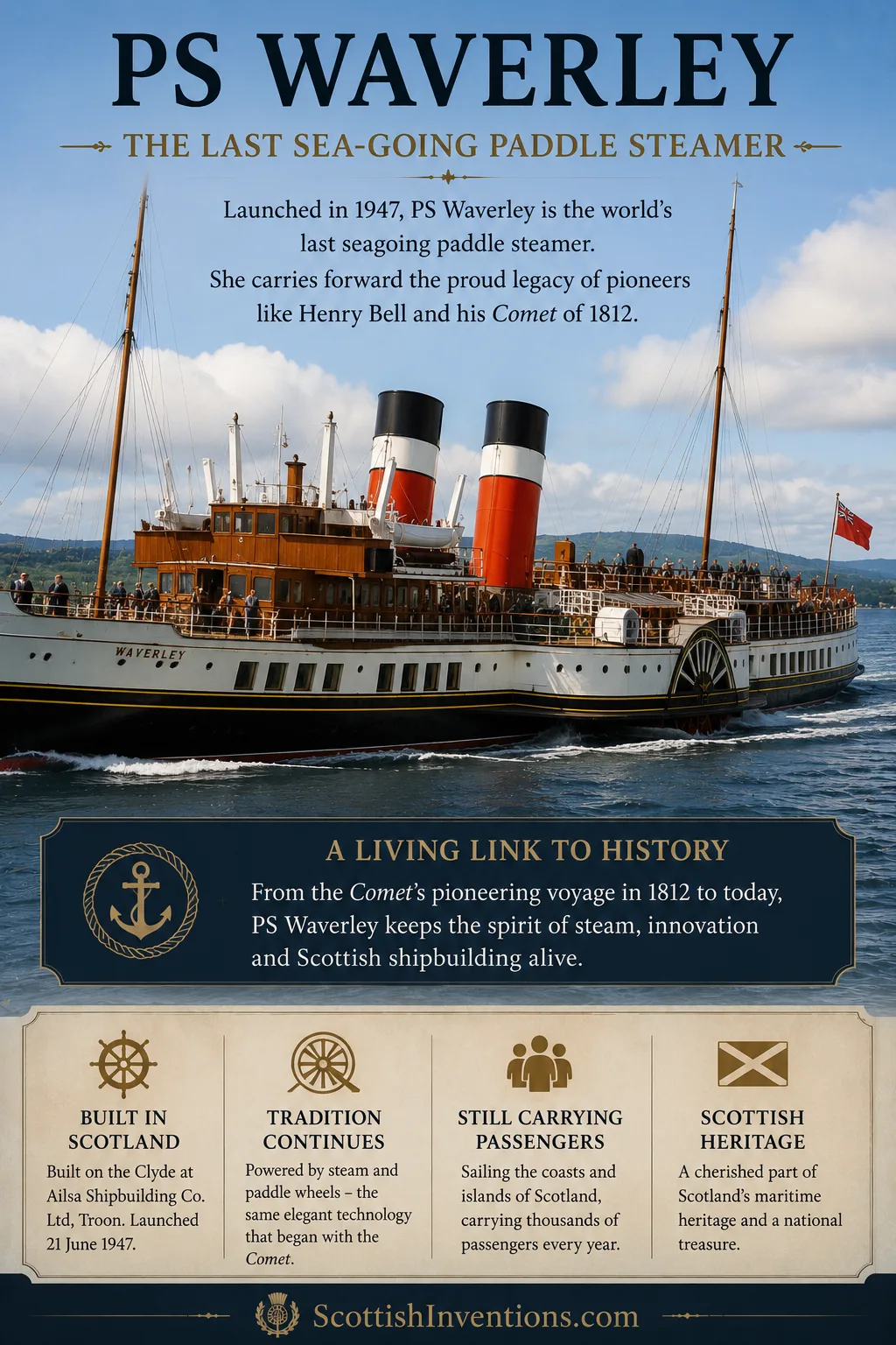 PS Waverley, the world's last seagoing paddle steamer and successor to Henry Bell's Comet.