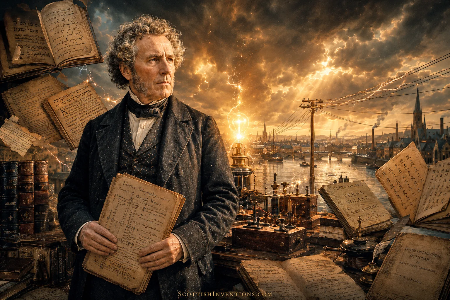 James Bowman Lindsay symbolically representing the birth of electric light and modern communication