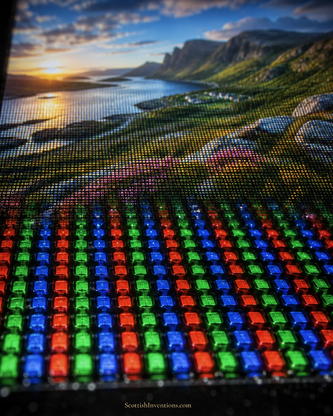 Extreme macro photograph of red, green and blue display subpixels merging into a full-colour digital image.