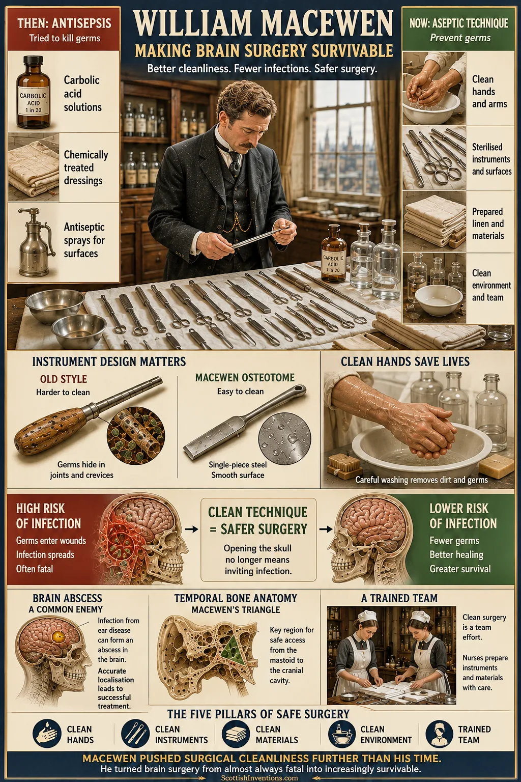 Infographic contrasting Listerian antisepsis with Macewen's aseptic surgical technique, showing his single-piece osteotome design and sterilisation practices at Glasgow Royal Infirmary