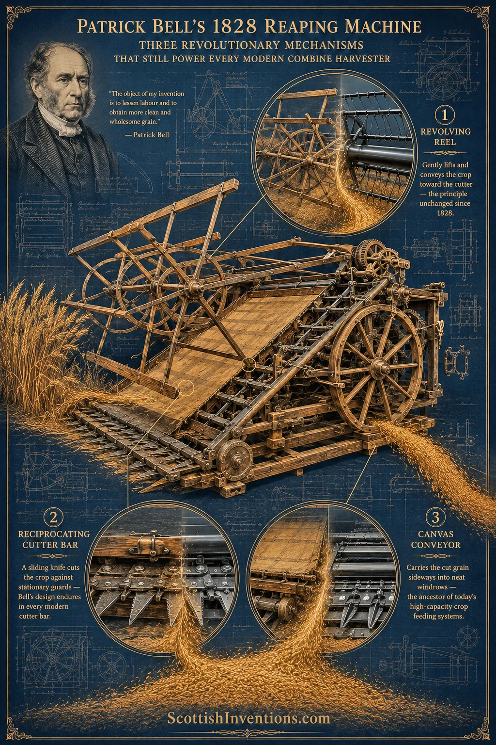 Patrick Bell's Innovations Inside the Modern Combine Illustration showing how Patrick Bell's three inventions survive inside every modern combine harvester.