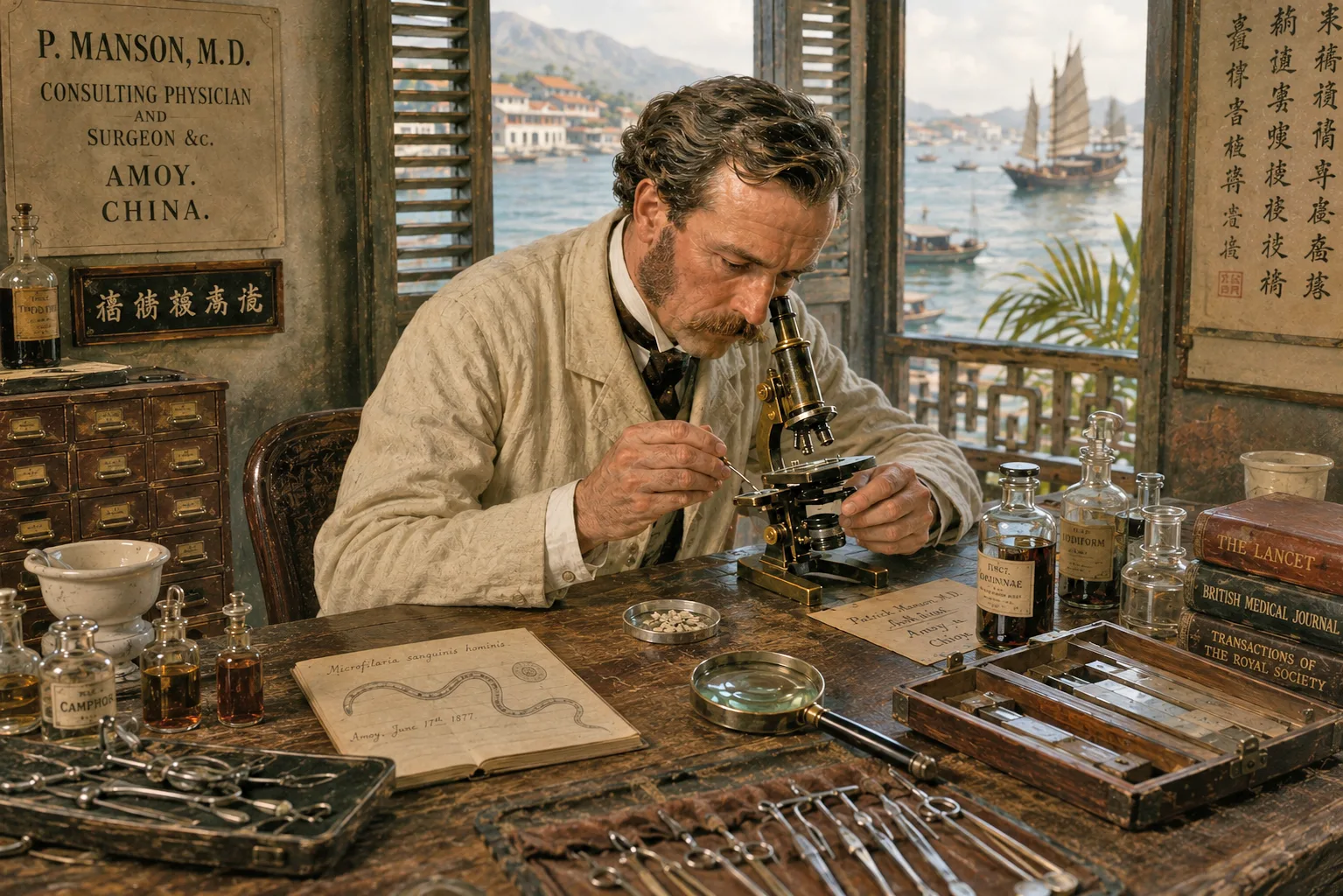Sir Patrick Manson examining a mosquito under a period microscope in an 1877 Amoy, China treaty-port medical practice, with a sketch of microfilariae visible on a notebook page