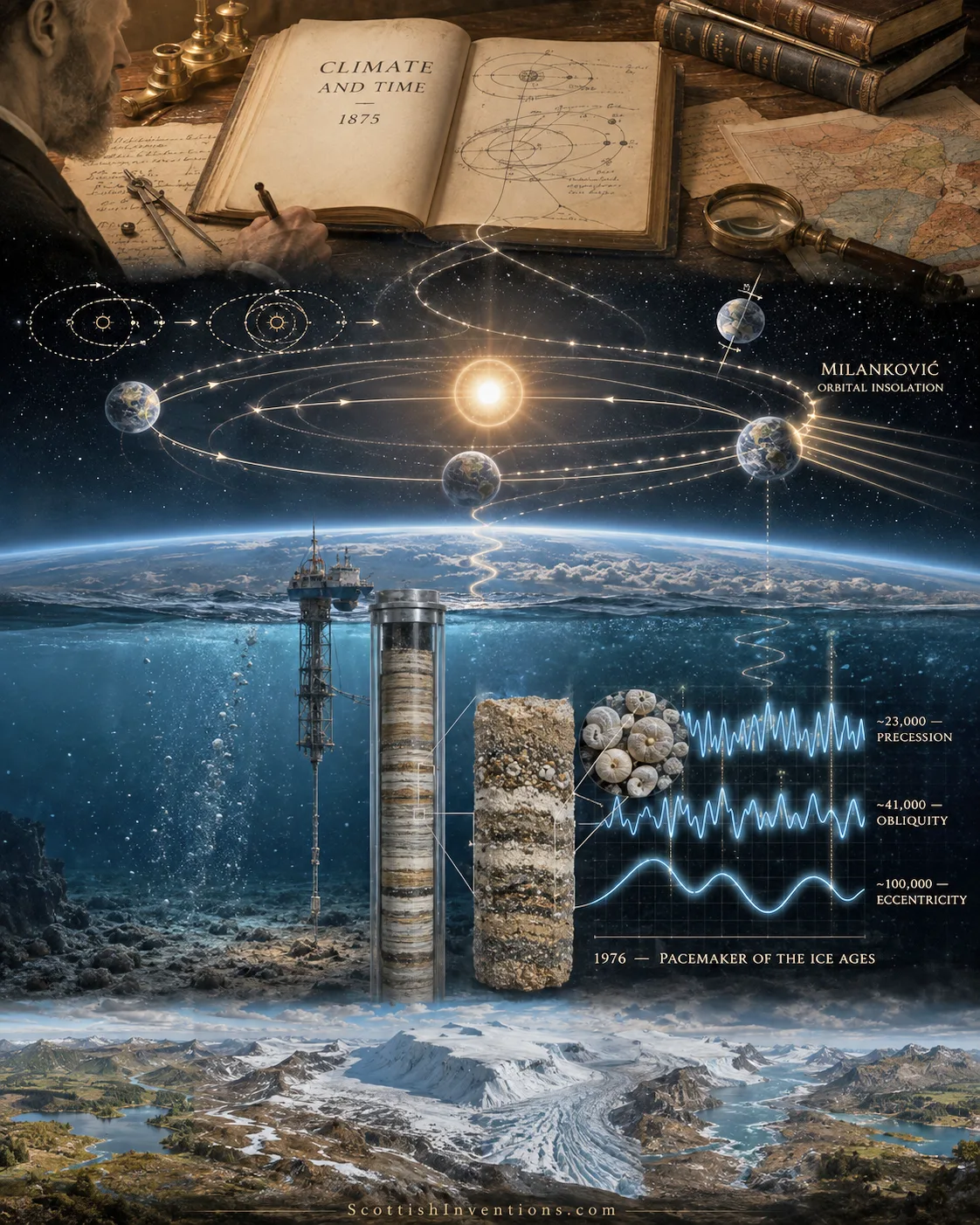 A legacy chain from Croll's 1875 book through Milankovic's orbital insolation synthesis to the 1976 Hays, Imbrie and Shackleton confirmation from deep-sea sediment cores.