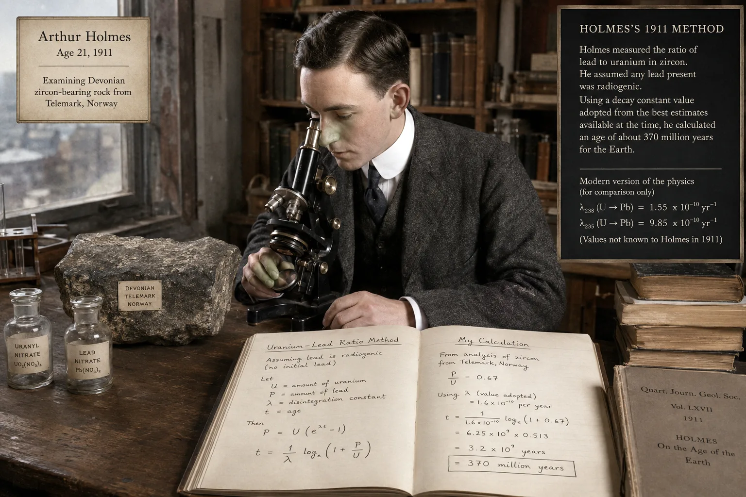 Arthur Holmes at work on radiometric dating, with laboratory apparatus, uranium-lead analysis notes and a geological timescale chart, evoking his Edinburgh professorship.
