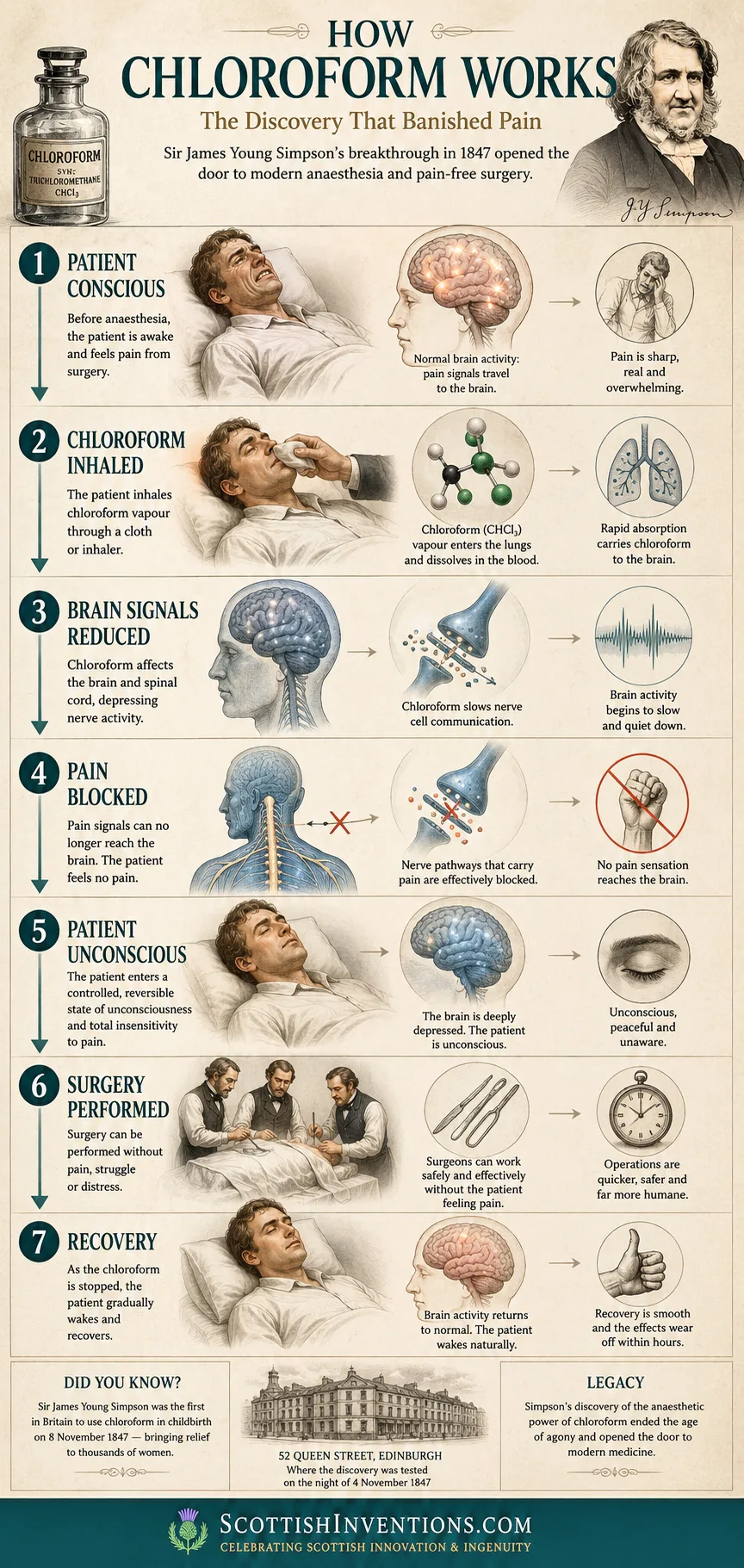 Infographic showing how chloroform anaesthesia affects the brain and blocks pain during surgery