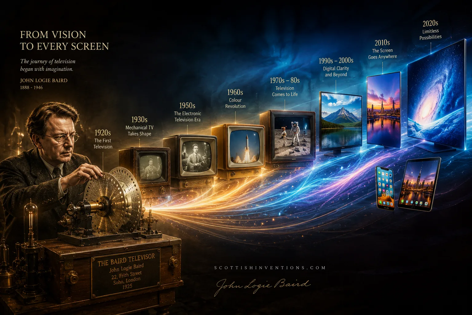 The evolution of television from John Logie Baird's 1925 Televisor through 1950s black and white sets, 1960s colour CRTs, 1980s TVs, flat-panel LCDs and modern smartphones and tablets